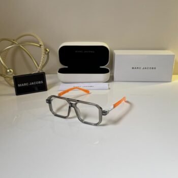 Grey square eyeglasses with orange accent temples