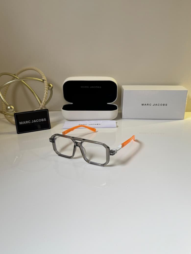 Grey Square Eyeglasses – Orange Accent Frame (1) Grey square eyeglasses with orange accent temples
