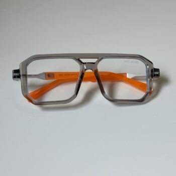 Grey square eyeglasses with orange accent temples