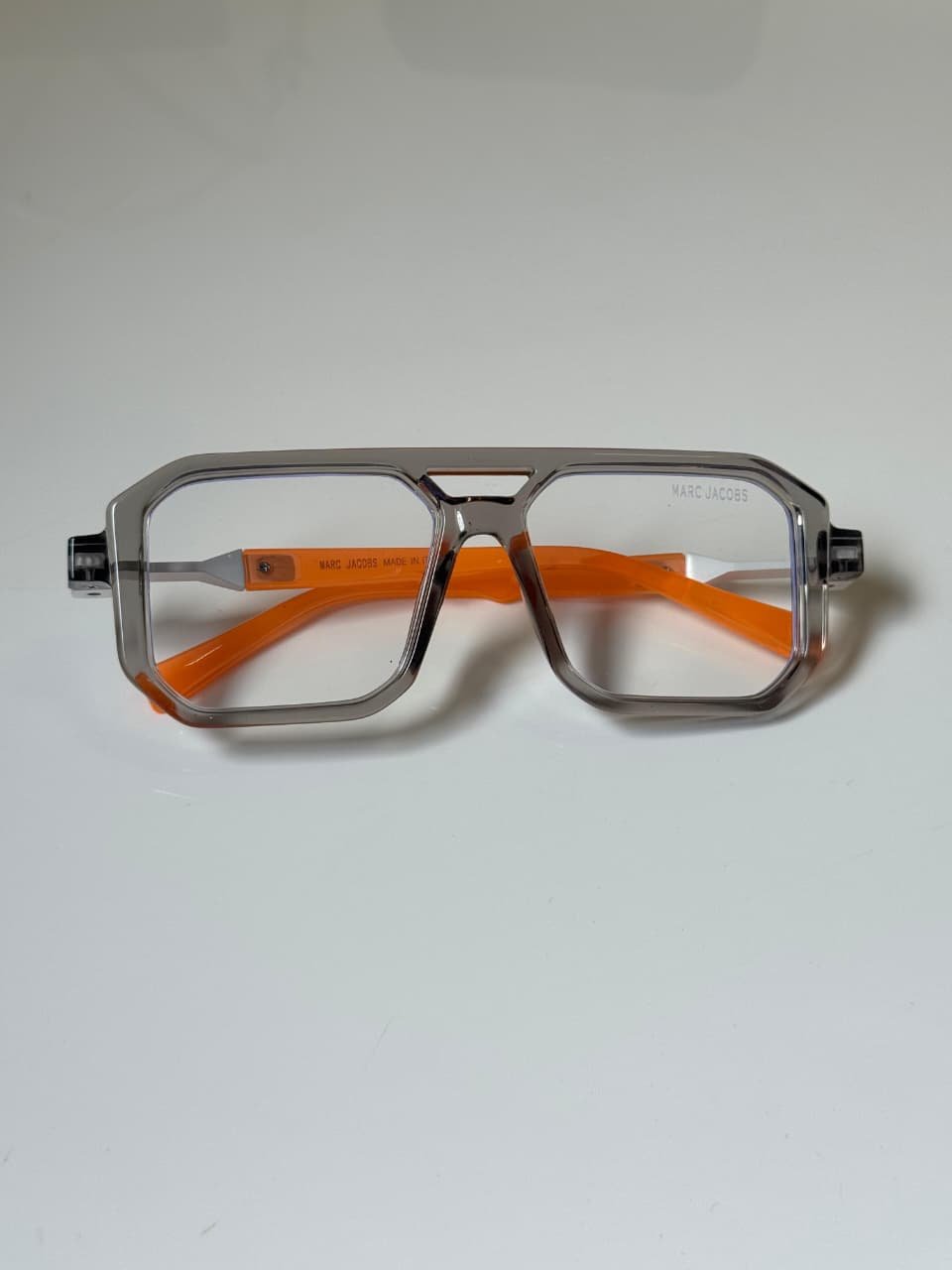 Grey Square Eyeglasses – Orange Accent Frame (3) Grey square eyeglasses with orange accent temples