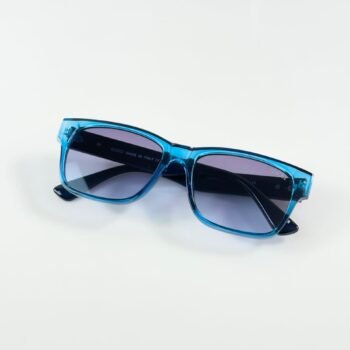 transparent blue rectangular eyewear with gradient tinted lenses