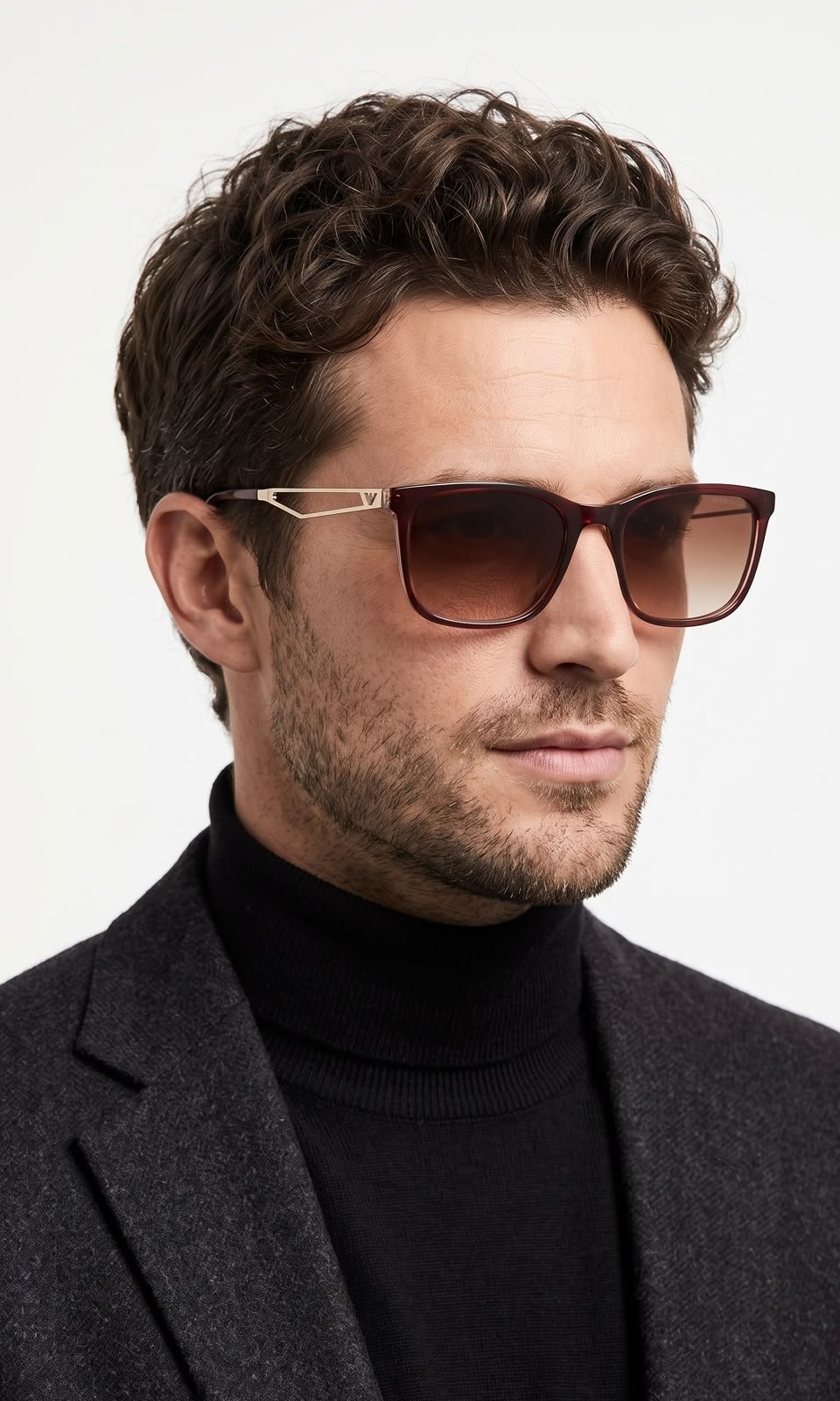 Brown Frame Sunglasses – Gold Tone Details (4) Brown rectangular sunglasses with gradient-style lenses and gold-tone temples