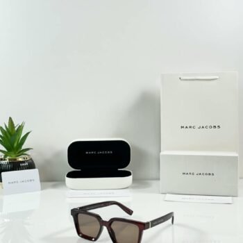 Dark brown rectangular sunglasses with brown-tinted lenses and metallic temple accents
