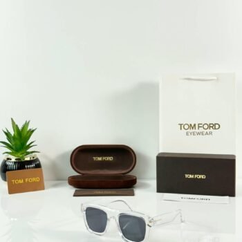 Clear frame sunglasses with rectangular black tinted lenses and transparent temples