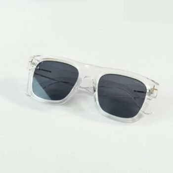 Clear frame sunglasses with rectangular black tinted lenses and transparent temples