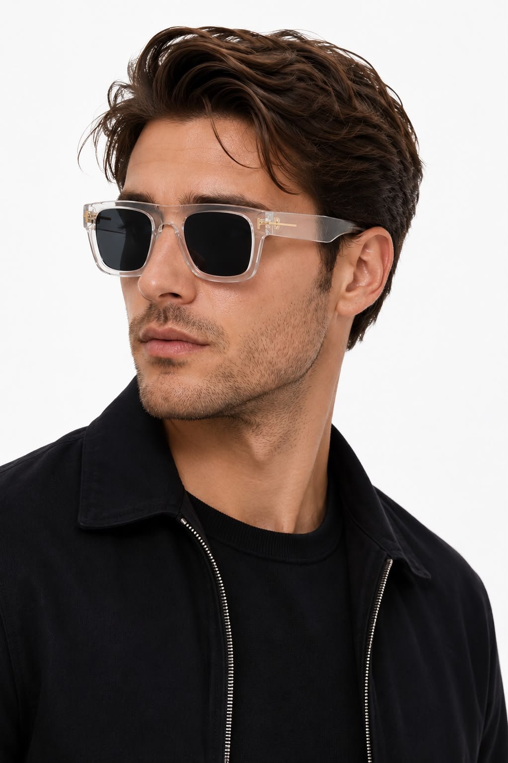 Clear Frame Sunglasses – Black Tinted Lenses (4) Clear frame sunglasses with rectangular black tinted lenses and transparent temples