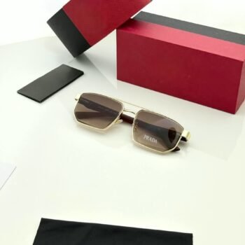 Rectangular gold-tone sunglasses with brown gradient lenses and dark temples