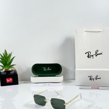 Rimless rectangle sunglasses with gold-tone metal details and deep green lenses