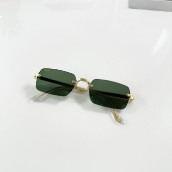 Rimless rectangle sunglasses with gold-tone metal details and deep green lenses