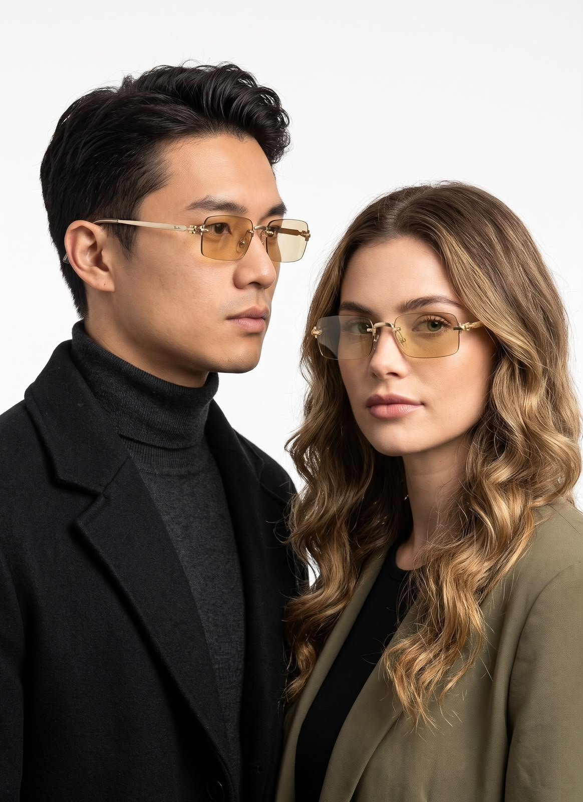 Rimless Rectangle Sunglasses – Gold Frame with Light Yellow Lenses (4) Rimless rectangular sunglasses with a gold-tone metal frame and light yellow lenses
