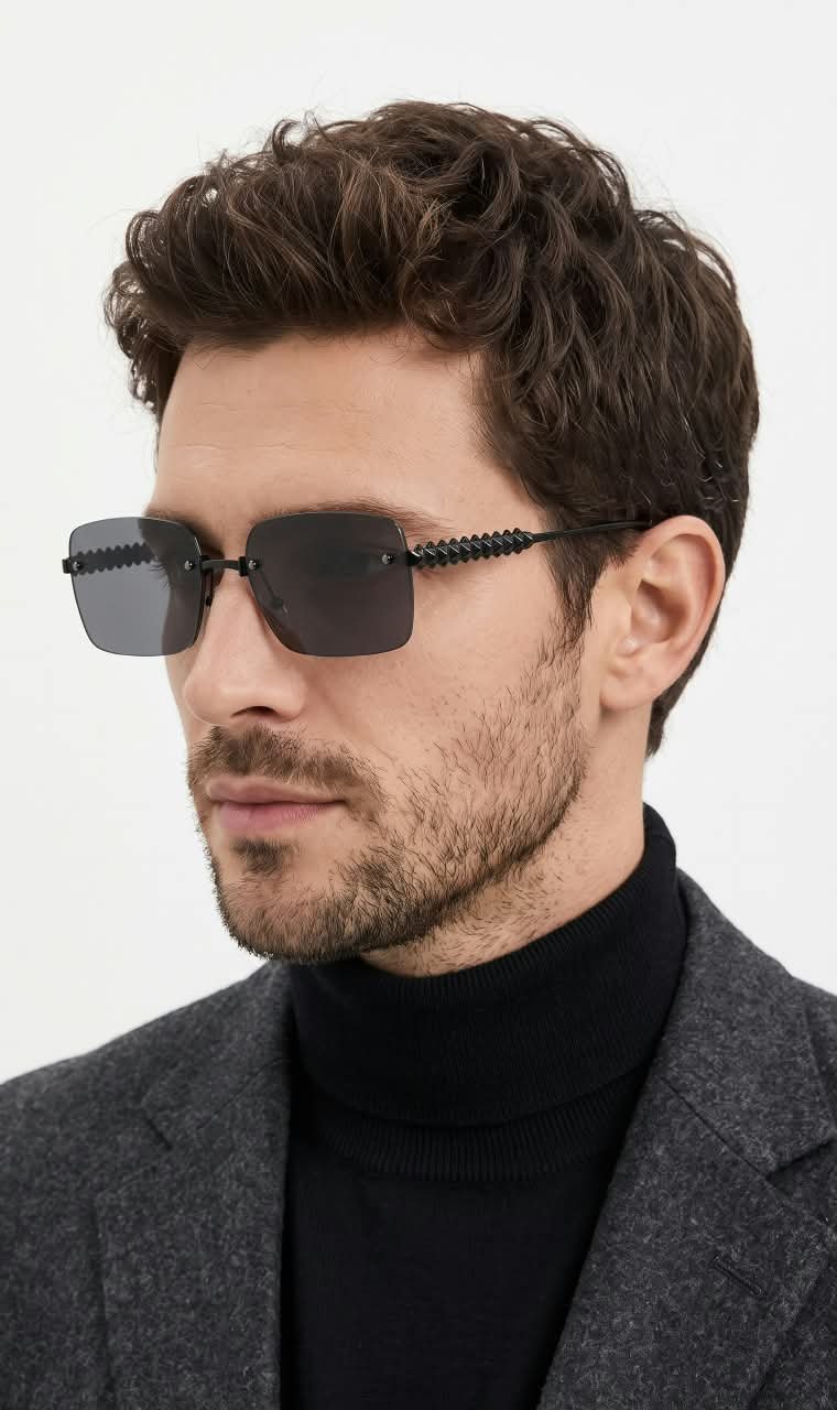 Rimless Sunglasses – Black Lenses with Textured Temples (4) Black rimless rectangular sunglasses with dark lenses and textured temples