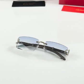 Silver rimless sunglasses with rectangular light blue tinted lenses