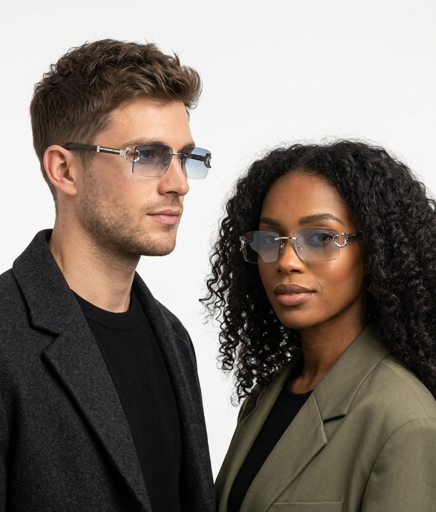 Silver Rimless Sunglasses – Blue Gradient Lenses (4) Silver rimless sunglasses with rectangular light blue tinted lenses