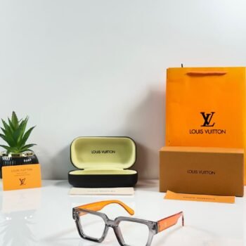 Transparent smoky grey square glasses with bright orange temples and clear-looking lenses