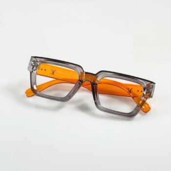 Transparent smoky grey square glasses with bright orange temples and clear-looking lenses